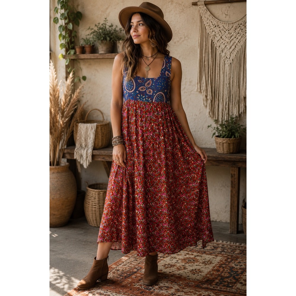 Natural Life Maxi Dress Boho Floral Paisley Cottagecore Peasant Flowy Women M